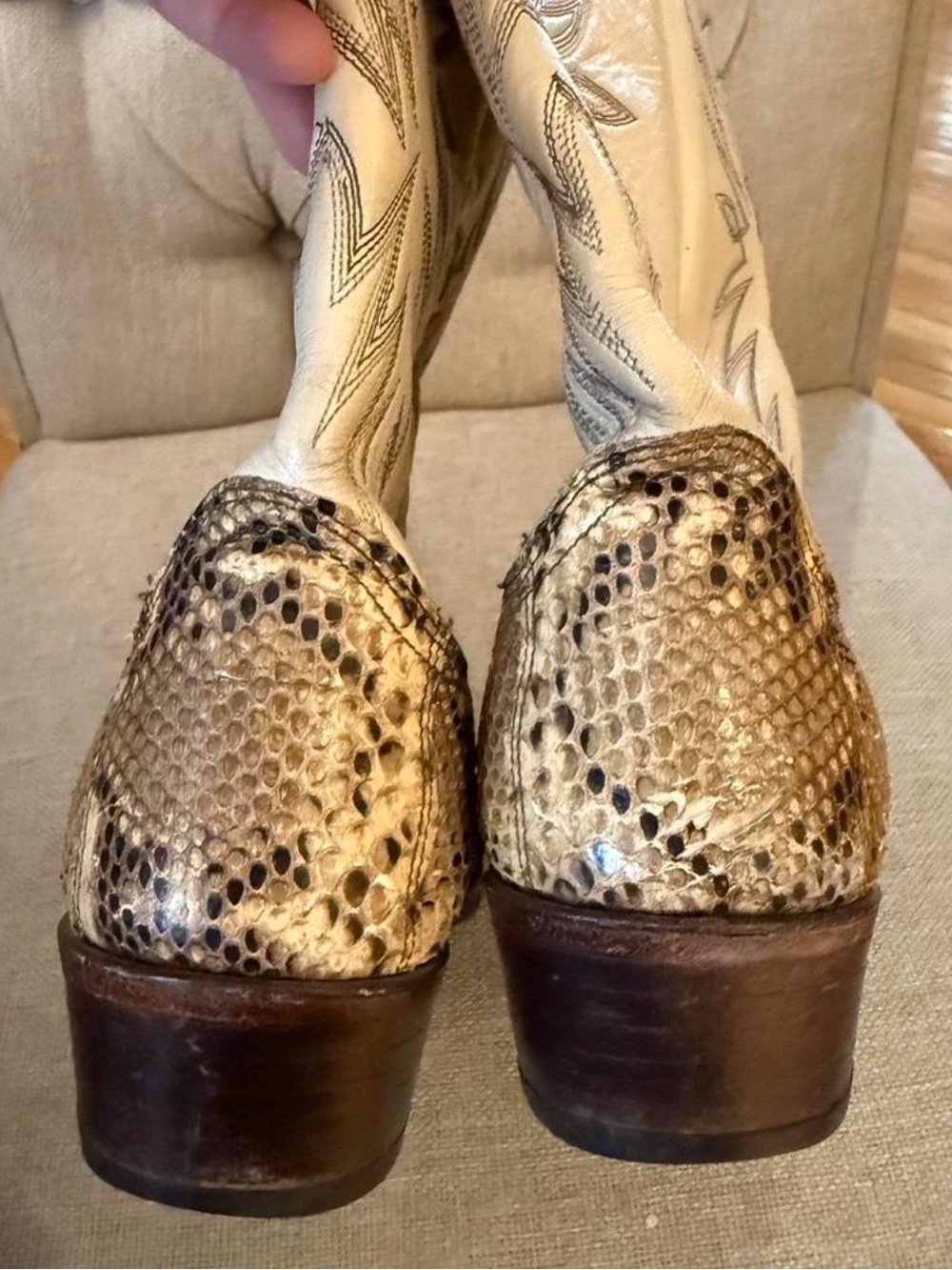 VTG Dan Post White Leather & Snakeskin Cowboy Boots Size 11 - Picture 6 of 8